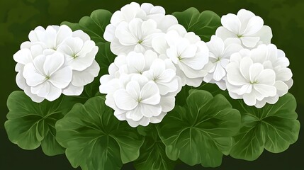 White Geraniums with Lush Blooms.