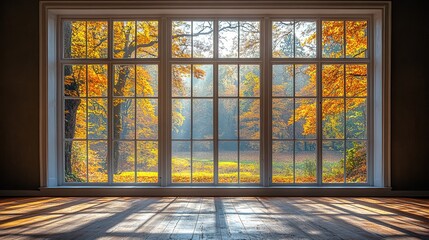 Autumnal Hues: Sunlight Streams Through Window Framing a Forest