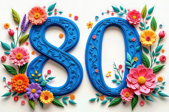 Greeting card for 80 years. Celebrate an 80th birthday with this intricately designed card featuring blue numbers adorned with colorful paper flowers.