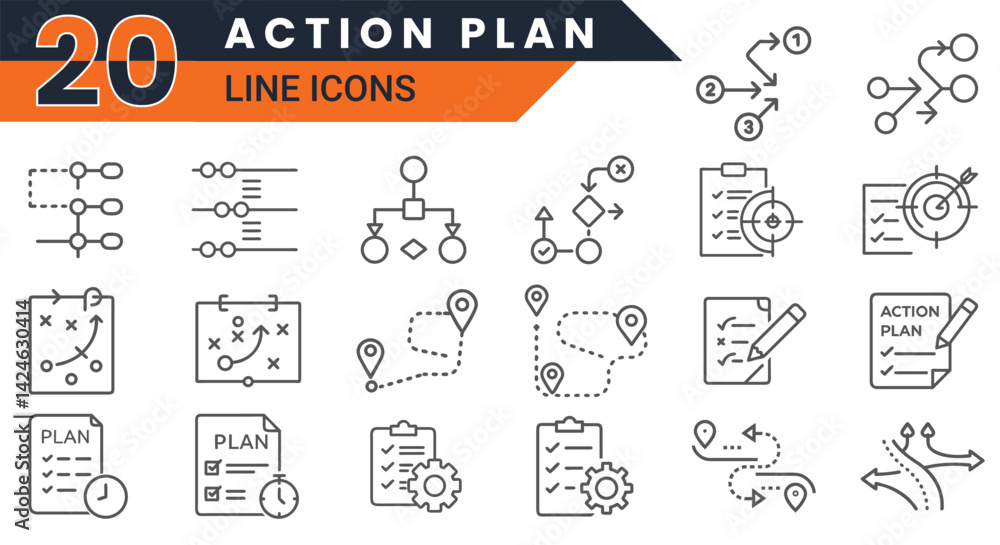Poster action plan line icons vector set for planning, strategy, workflow, and business management concepts