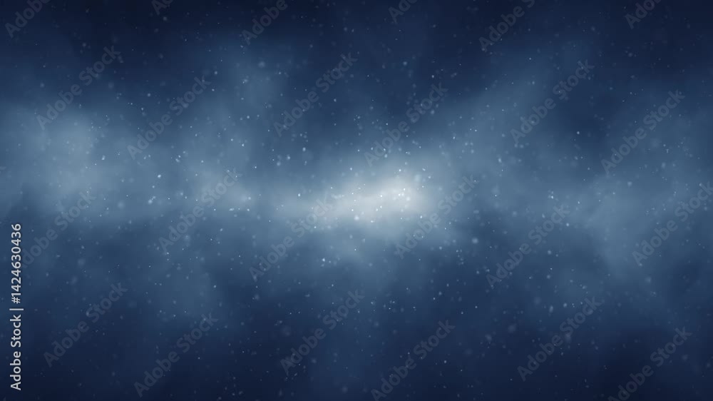 Poster artistic dark blue clouds with flying blurred dots loop animation.