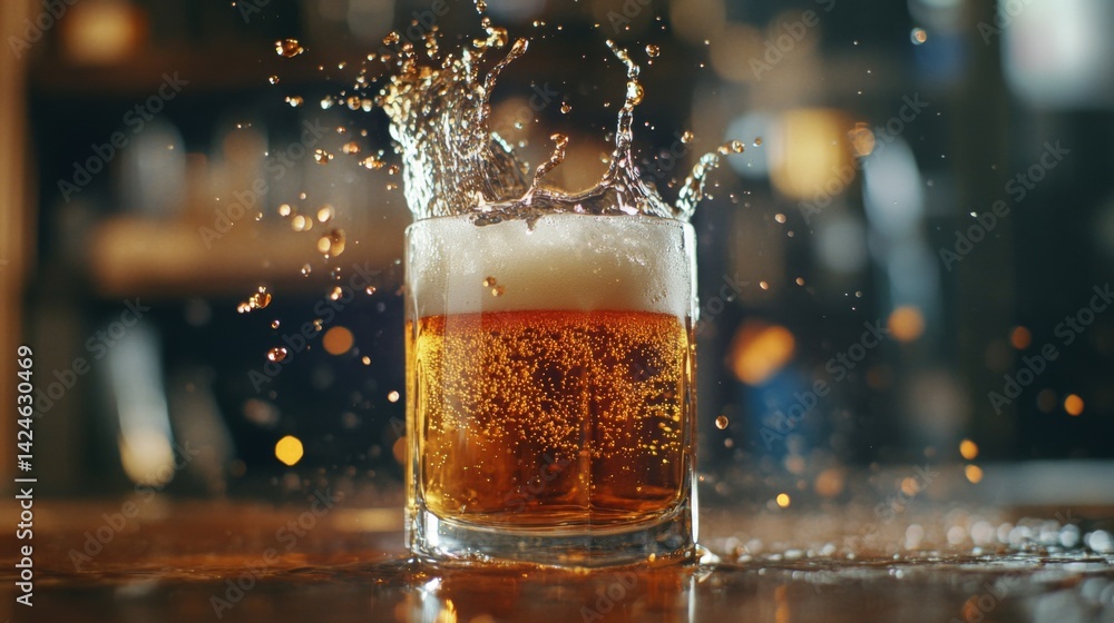 Poster A high-quality image of a beer glass with a splash of beer being poured, creating dynamic movement and emphasizing the refreshing quality of the drink.