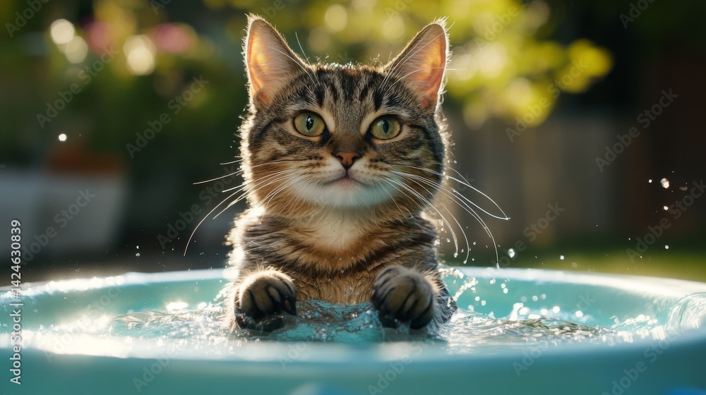 Aufkleber a high-quality image of a cat sitting in a small splash pool, with its paws dipped in the water and 
