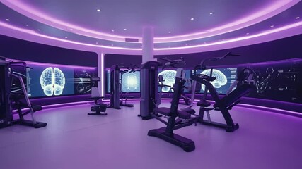 High-tech gym room with purple neon lights, smart fitness machines, and digital brain scans on the walls, illustrating the fusion of physical training, neuroscience, and futuristic health technology. - Powered by Adobe