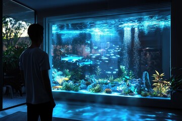 A man gazes at a mesmerizing home aquarium, featuring diverse fish and vibrant aquatic plants, creating an immersive underwater scene.