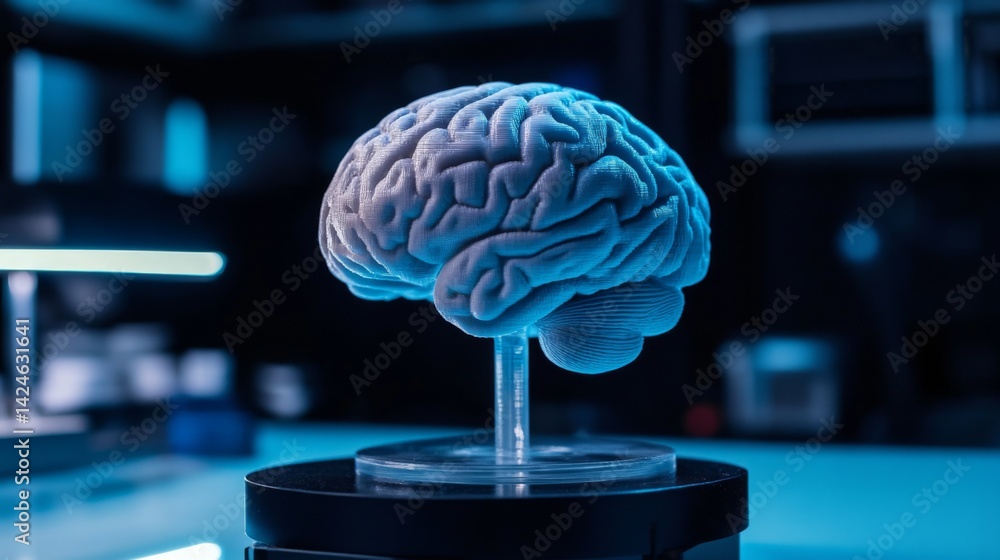 Poster a high-quality shot of a d printed brain model with realistic texture and detail, positioned on a st