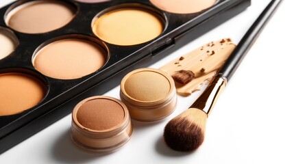 Makeup Foundation Palette: Warm Beige Tones and Professional Brush