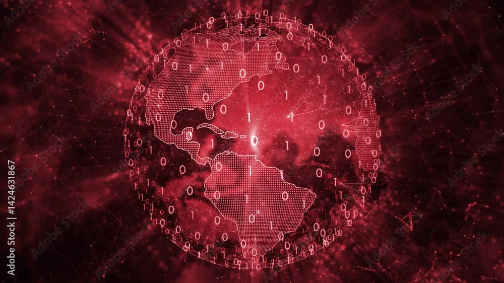 Poster artistic dark red colored digital technology earth sphere with binary numbers.