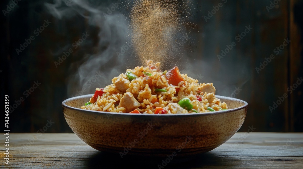 Poster a high-resolution image of a bowl of curry fried rice with visible chunks of chicken, vegetables, an