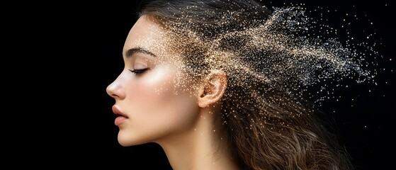 Woman's Profile, Golden Particles, Black Background