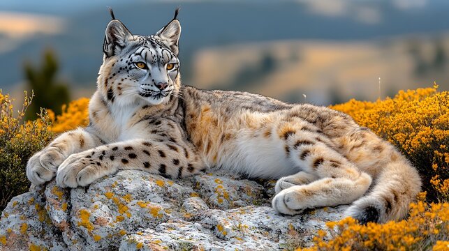Majestic lynx rests on rock, amidst vibrant blooms