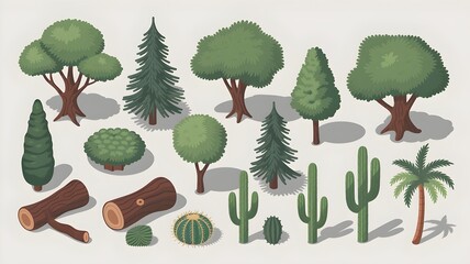 Collection of Cartoon Trees and Plants in Flat Design Style