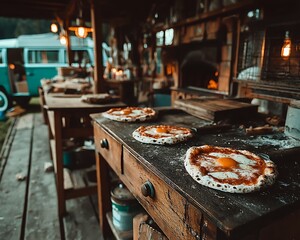 Wood-fired pizzas, rustic kitchen, van