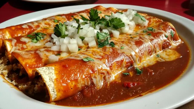 Delicious enchiladas served with fresh onion and cilantro garnish