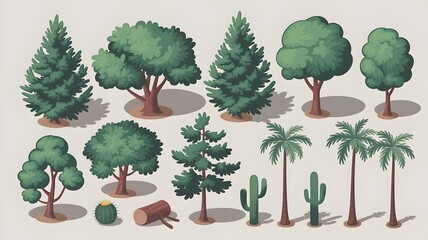 Collection of Cartoon Trees and Plants in Flat Design Style