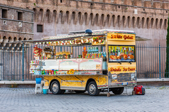 Rome, Italy - June 30, 2019: Bibite Gelati mobile stall in Rome, Italy. Drinks and ice cream. Colourful gelati, drinks and snacks vending van. .