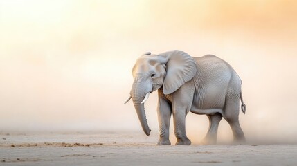 Majestic elephant in golden light, dust rising