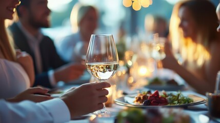People are gathering for dinner with wine and food