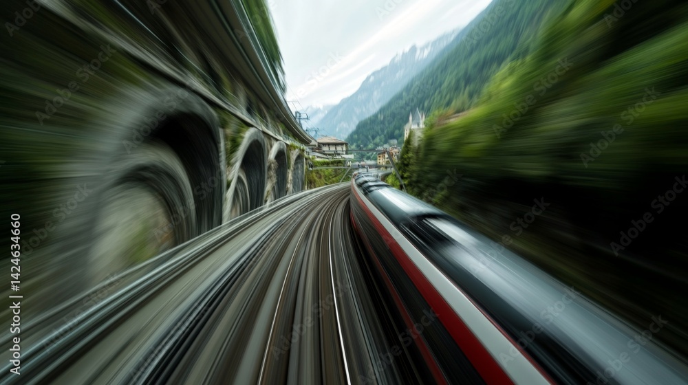 Poster a high-speed train at full speed, passing through a tunnel in a mountainous region, with blurred mot