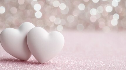 Fototapeta premium Two touching white hearts on a pink glittery surface, soft bokeh background