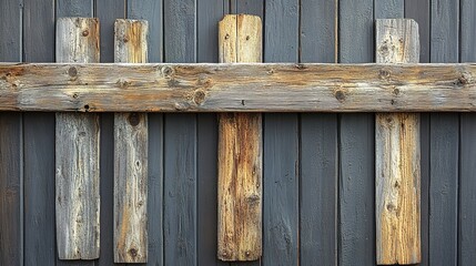 Aged wooden planks on a weathered dark gray wooden wall.  Sections of different shades of weathered wood.  Horizontal and vertical planks