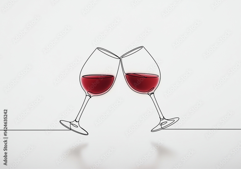 Poster wine glasses with red wine toasting in continuous line drawing style on white background. two wine g