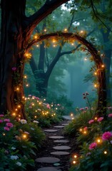 Charming forest with bulbs and flowers on the background of mystical forest, fantasy style