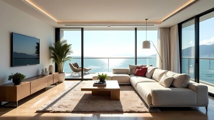 Fototapeta premium A modern, light green summer home, with sunshine from the window, light colored walls and soft furnishings