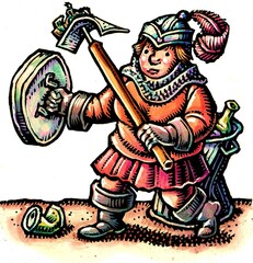 woman dressed as knight collecting trash with garbage can lid a shield