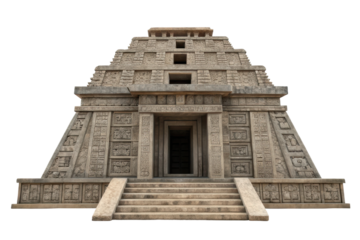 Ancient pyramid structure showcasing intricate carvings and steps leading to an entrance, highlighting historical architecture and culture