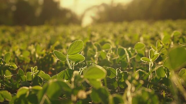 Soybean crop emerging at sunset