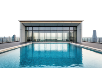 Rooftop infinity pool with panoramic city view overlooking modern architecture on a sunny day