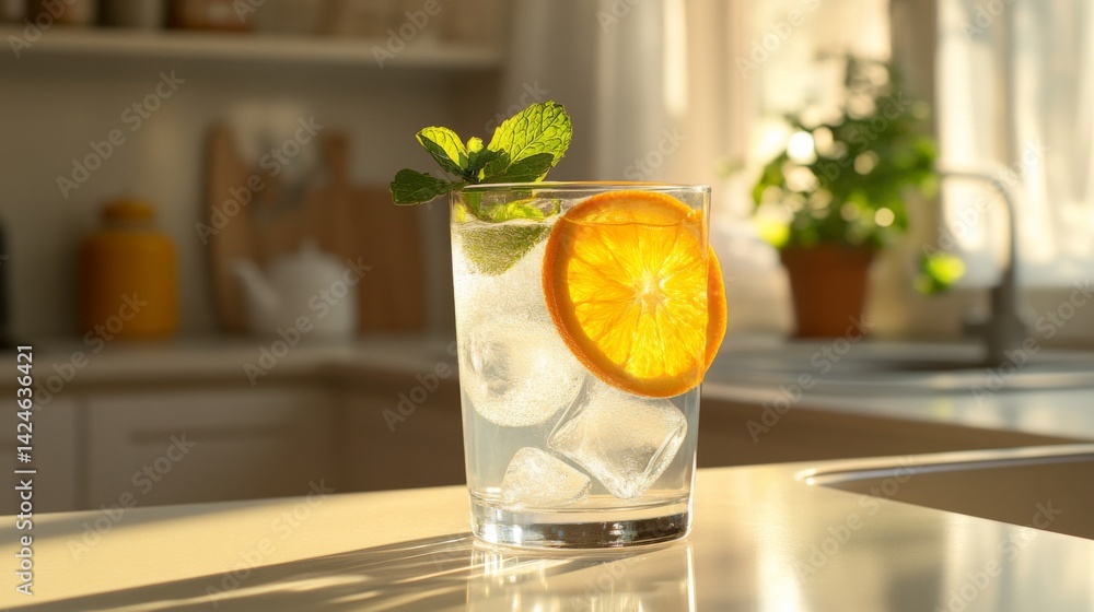 Poster a refreshing glass of freshly squeezed with ice cubes, garnished with a slice of orange and a mint s