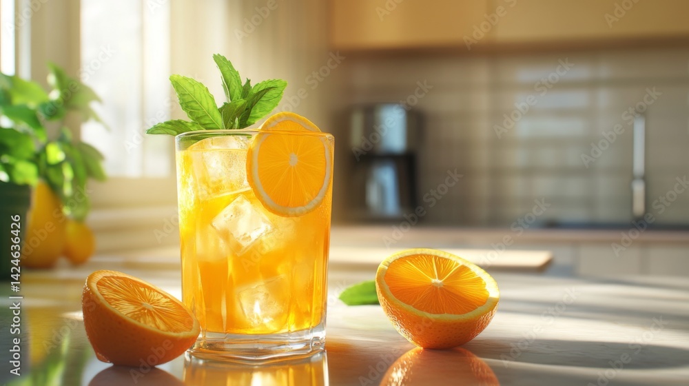 Poster a refreshing glass of freshly squeezed with ice cubes, garnished with a slice of orange and a mint s