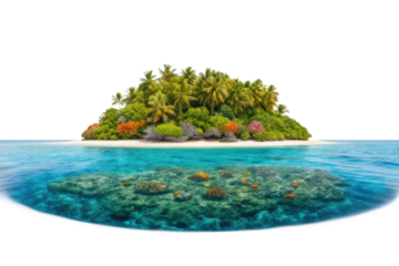 Tropical paradise island with vibrant coral reef and lush greenery surrounded by crystal clear water