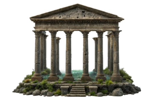 Ancient temple ruins surrounded by lush greenery and stones for landscape design, historical themes, or educational purposes