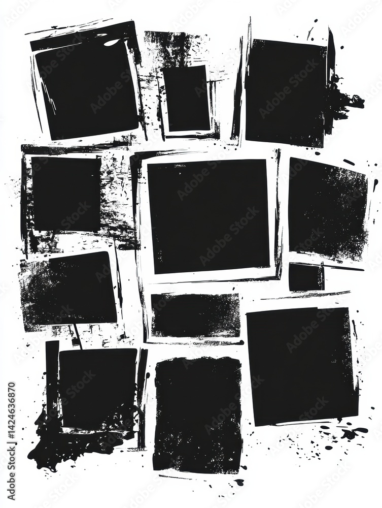 Poster Black Rough Edge Rectangles Create Grunge Square Frames for Unique Design Projects and Artistic Collage Applications