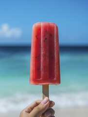 Hand Holding Refreshing Watermelon Popsicle at Beach with Blue Sky and Turquoise Sea