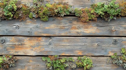 Aged weathered wooden planks with small greenery
