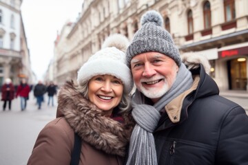 Fototapeta premium Smiling Caucasian senior couple of tourists taking a selfie in a European city during winter