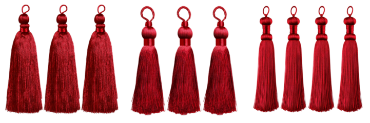A set of four luxurious red tassels with silky threads, neatly arranged on a transparent background