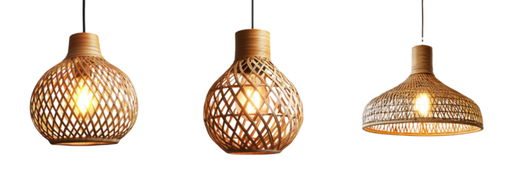 A set of elegant rattan ceiling lamps with glowing light bulbs, isolated on a transparent background