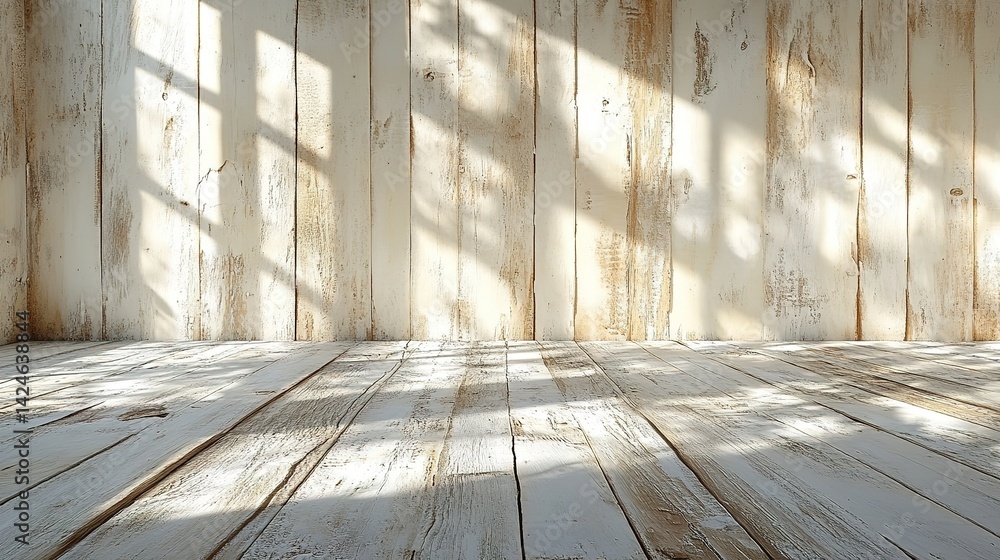 Poster distressed white wood backdrop with shadow patterns and rustic c