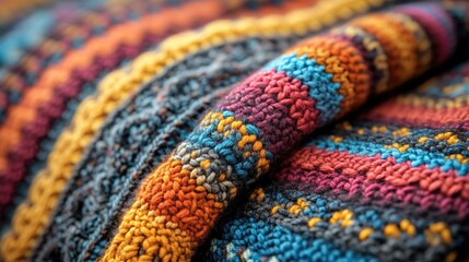 Close-up of Hand-Knitted Multicolored Wool Textile