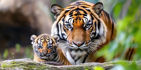 Fototapeta premium adult tiger with baby cub -