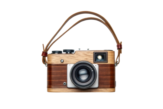 Unique wooden camera design with leather strap for photography enthusiasts and collectors