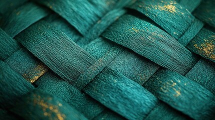 Close-up teal woven pattern with gold accents.  Intricate weaving, vibrant color