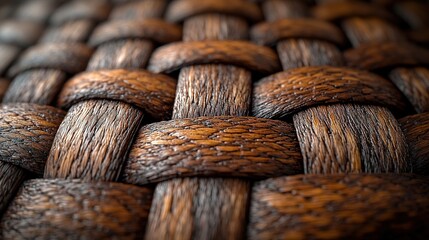 Close-up woven texture.  Intricate pattern of tightly interwoven, dark brown strands