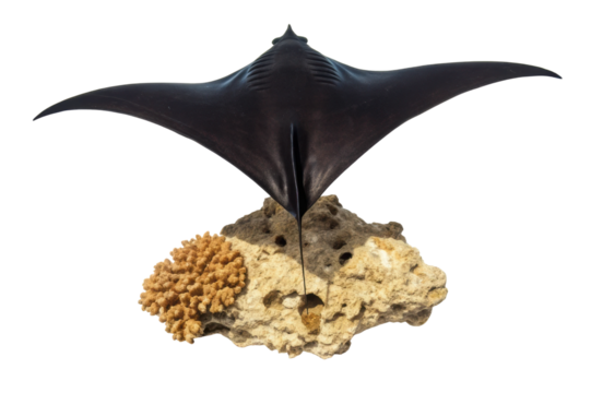 Manta ray swimming gracefully above vibrant coral reef in clear blue ocean waters