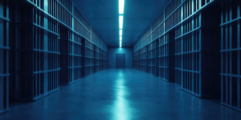 Dimly lit corridor with blue fluorescent lighting, metal bars lining both sides, and a closed door at the end. The polished floor reflects the ceiling lights, creating an eerie ambiance